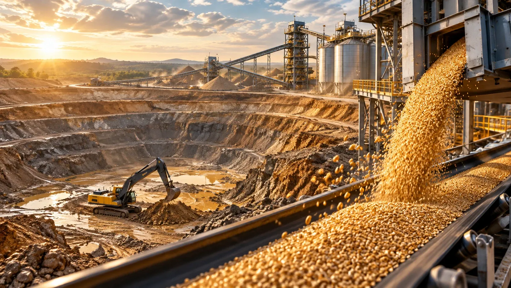 Golden-hour quarry panorama with an excavator and mineral-processing conveyors