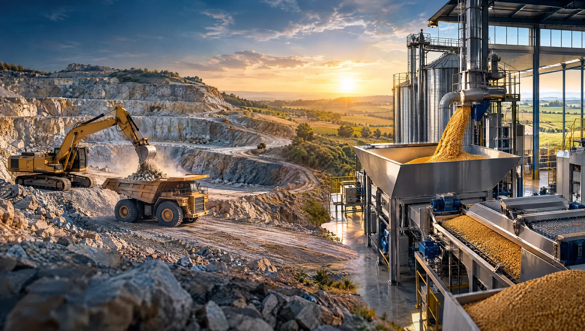 Illustrative quarry and grain-processing facility connected by a sunlit landscape