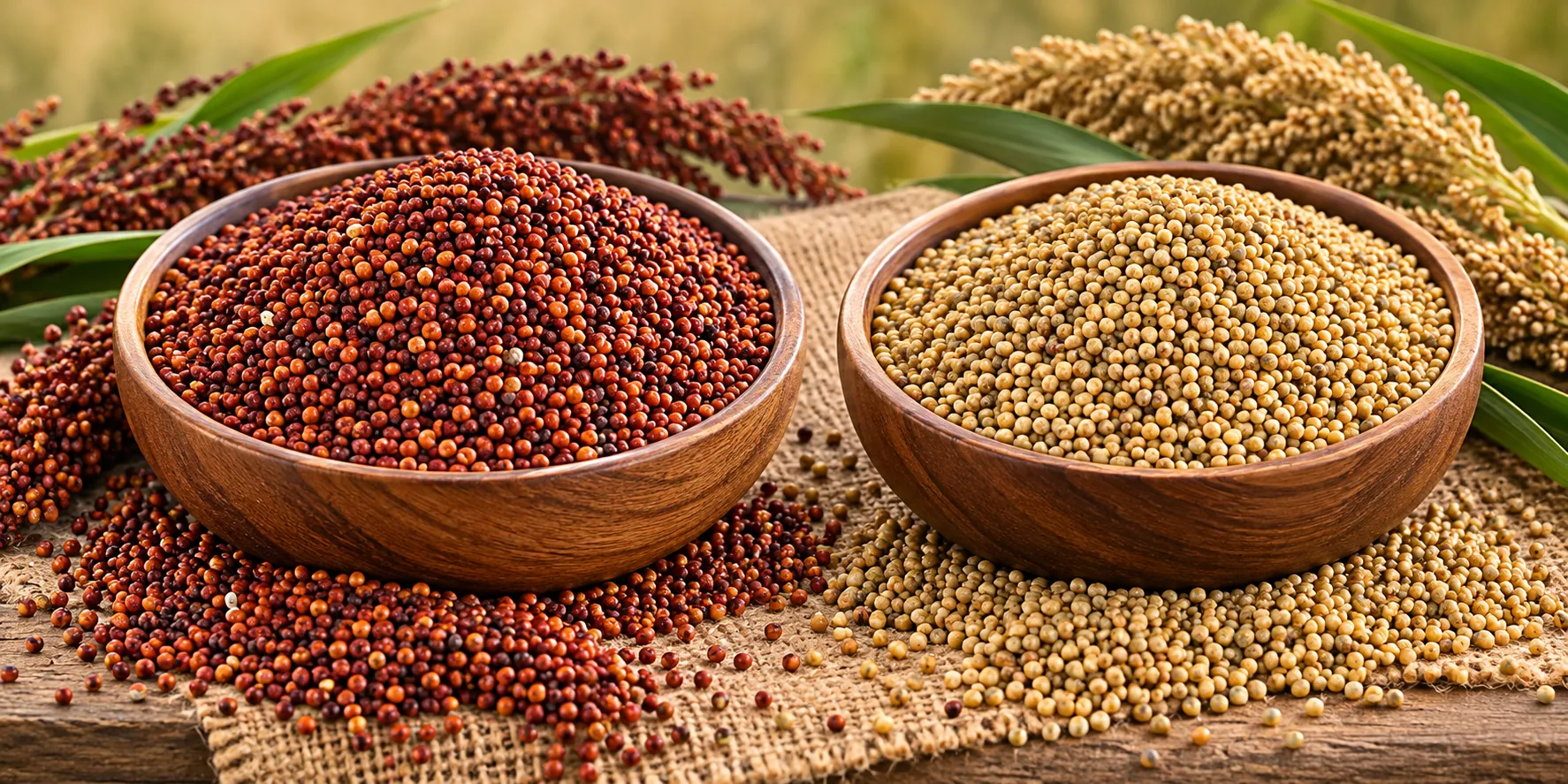 Red and golden millet grains arranged in rustic wooden bowls
