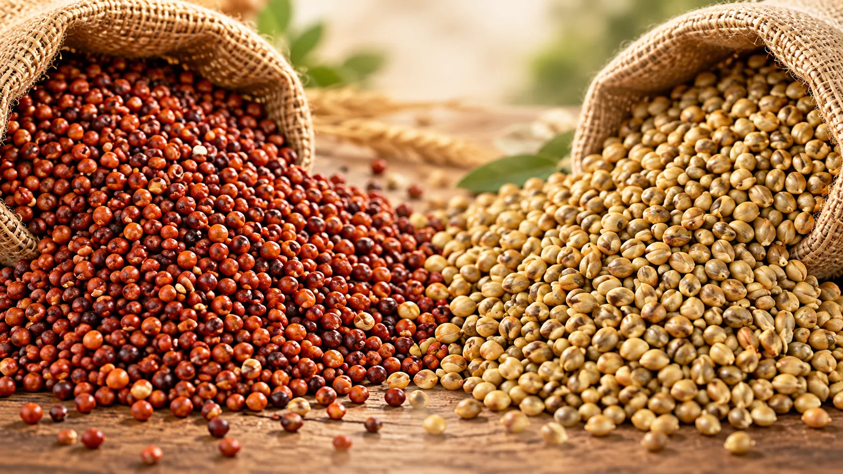 Red and golden grains spilling from rustic burlap sacks