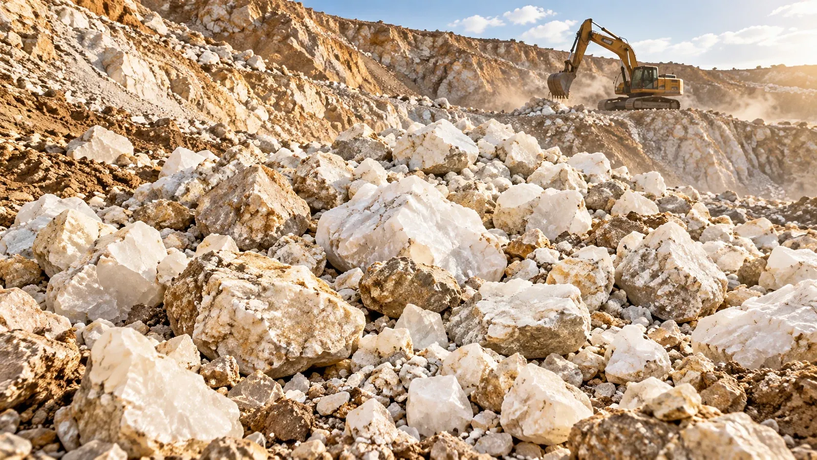 White quartz rock across a quarry with an excavator in warm sunset light