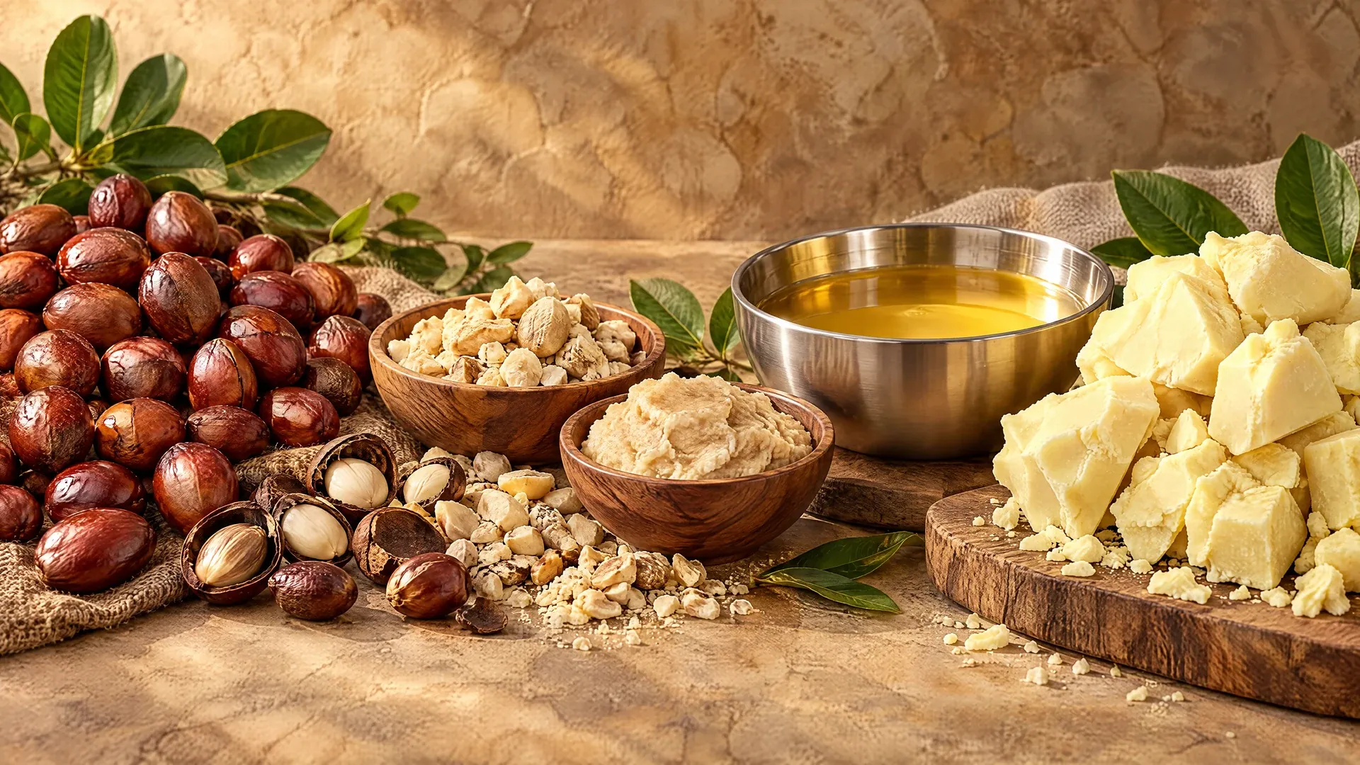 Illustrative journey from shea nuts and kernels through paste and extracted fat to pale golden shea butter