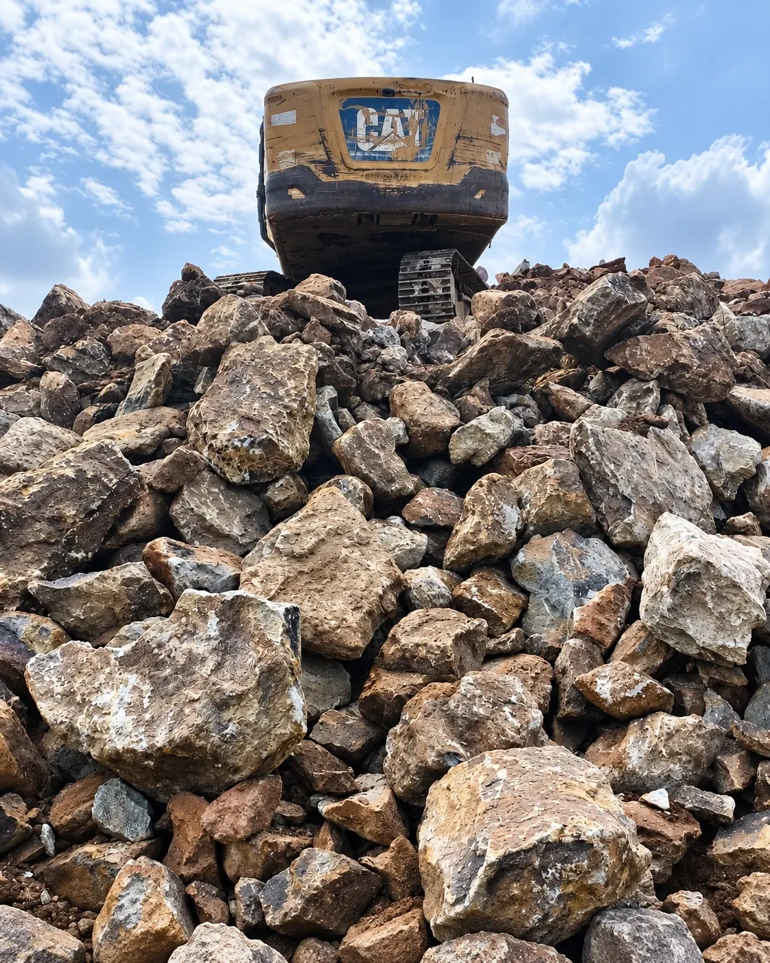 Excavator perched above rocky quarry material beneath a bright, cloud-filled sky